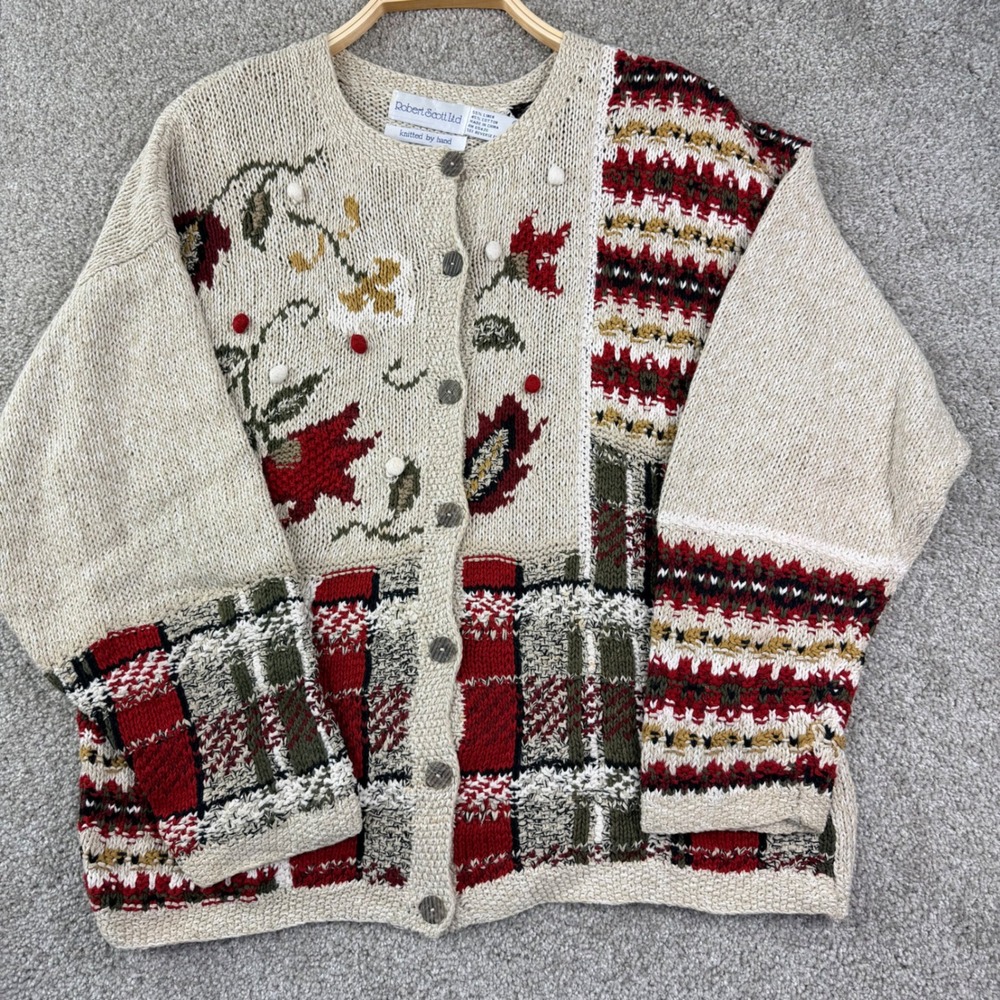 Robert Scott Women M Hand Knit Floral Fair Isle Cardigan Folk Art Cottagecore